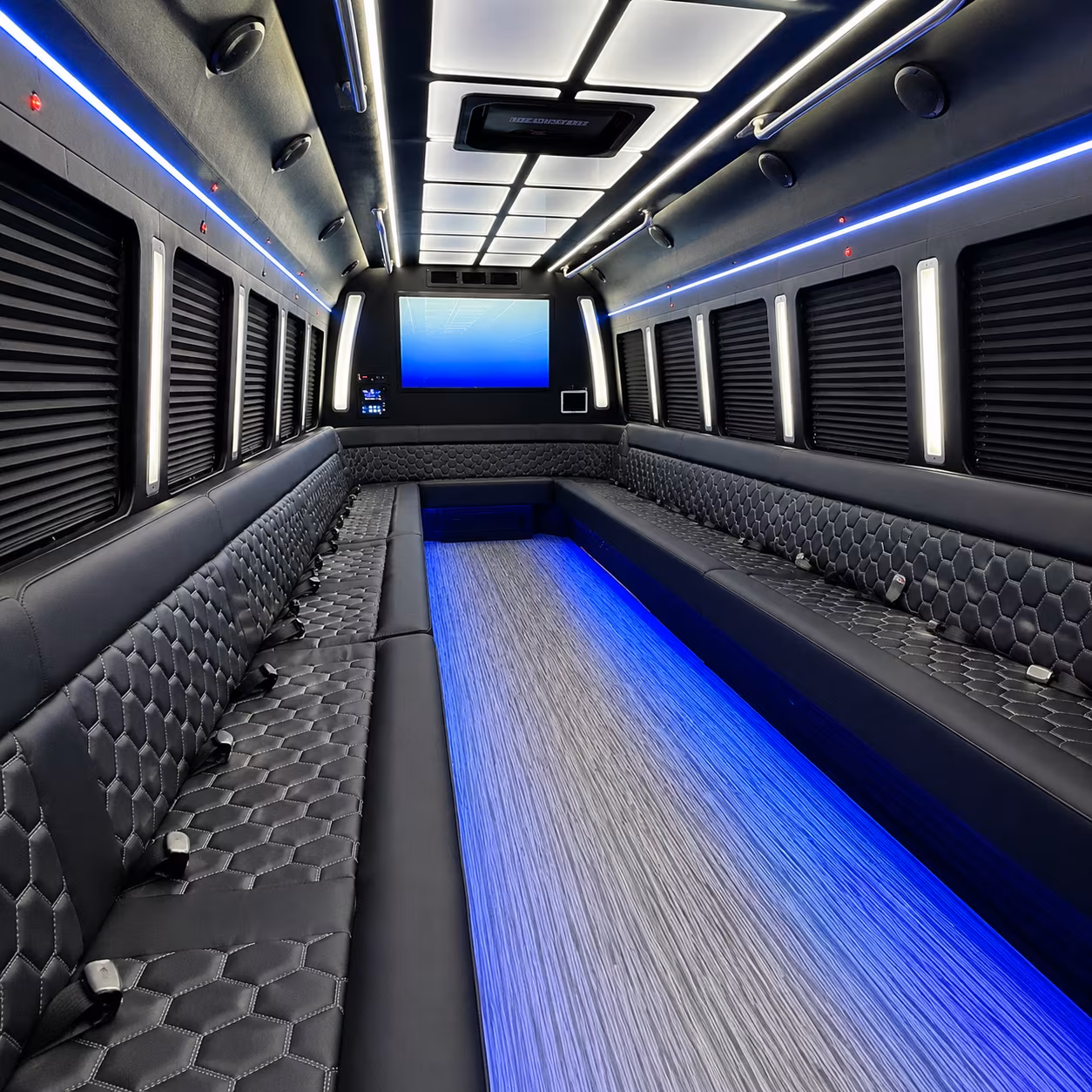 Columbus Birthday, Sweet 16, & Quinceañera Transportation party bus exterior